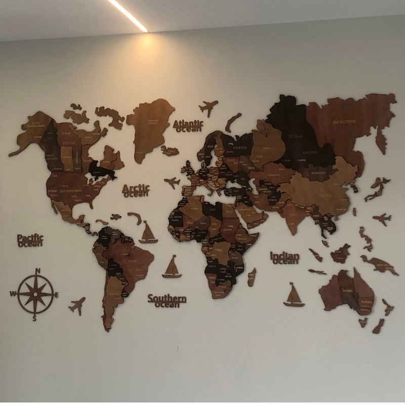 3D houten wereldkaart